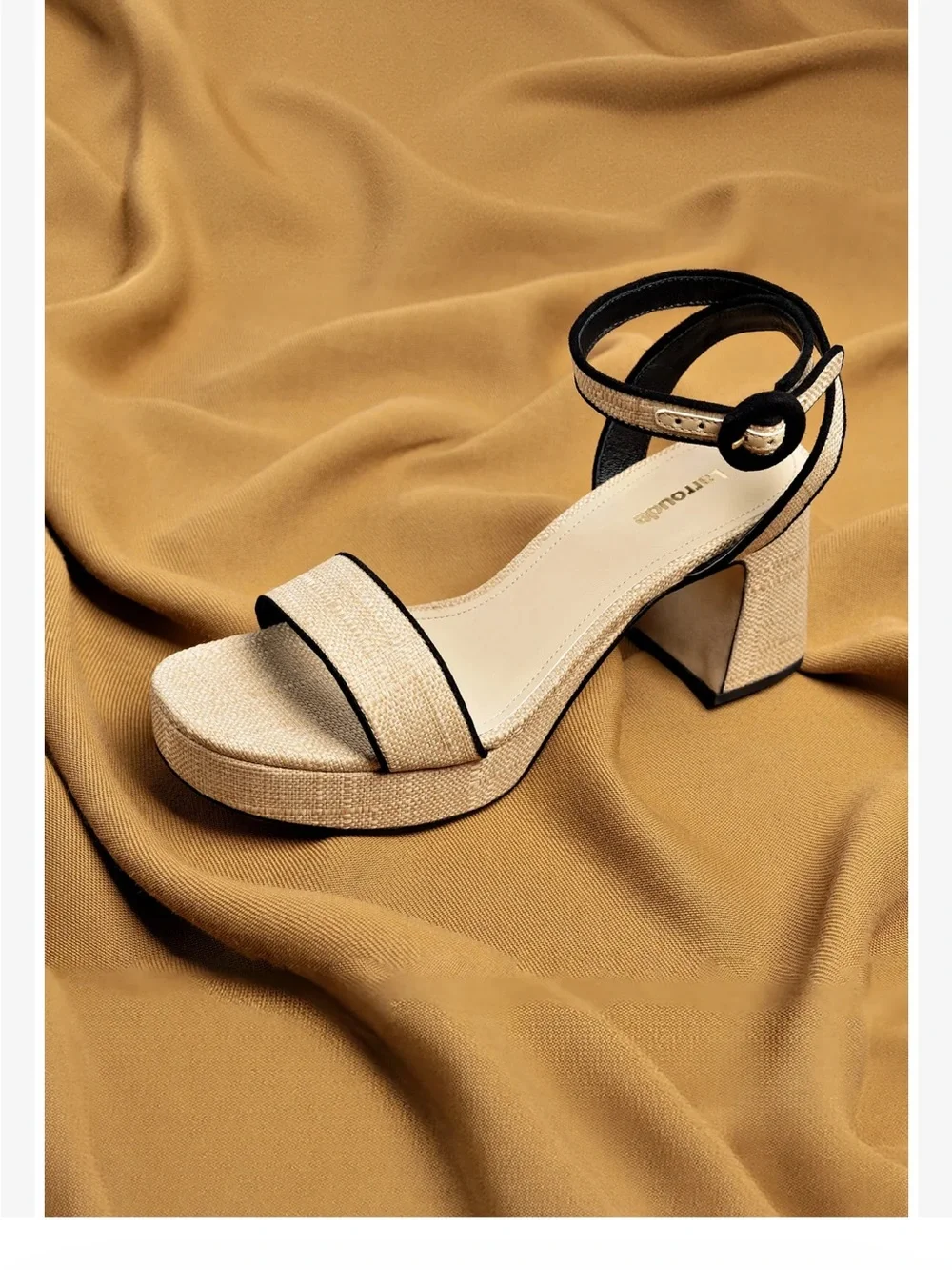 Woven Platform Block Heel Sandals in Natural with Black Trim